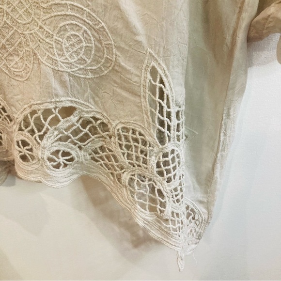 JOHNNY WAS Sz L 100% Cupro Rayon Embroidered Trim Semi Sheer Cream Blouse - Picture 7 of 12
